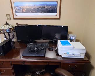 HP Monitors; HP Printer; Computer Speakers; Dale Tiffiny Desk Lamp