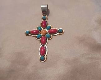 Sterling Cross with Coral and Turquoise $85
