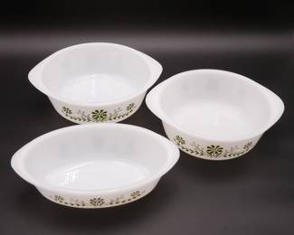 Lot of 3 Vintage Pyrex “Glasbake” Milk Glass Green Daisy Casserole Dishes 