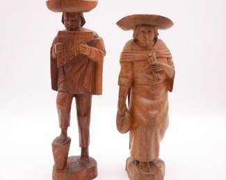 Pair of Handcrafted Wooden Statues of a Peruvian Man & Woman 