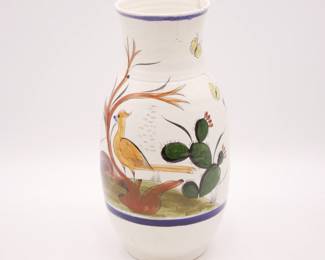 Mexican Hand-Painted Earthenware Vase with Road Runner or Chaparral 