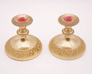 Pair of Ornate Brass-Plated Candlesticks 