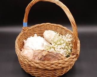 Large Wicker Basket with Seashells and Coral 