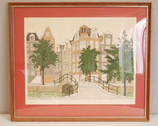 Bridge Over Amsterdam Canal Lithograph by Denis Paul Noyer Signed 