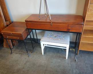 Custom wood box tables wrought iron legs set of three.