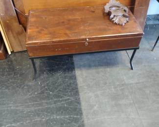 Custom wood box tables wrought iron legs set of three.