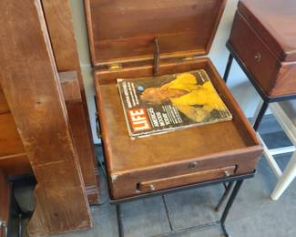 Custom wood box tables wrought iron legs set of three.