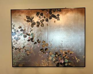 Japanese hand-painted floral on silver leaf two panel screen