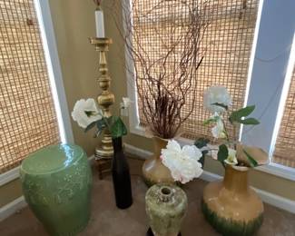 garden stool, vases, lamps, faux floral, fake flowers