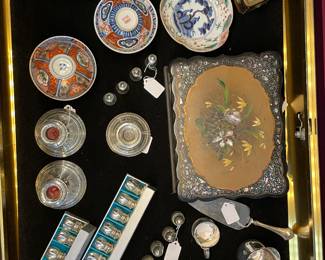 Imari Dish, Imari Covered Bowls, Japanese Lacquer Box, Miniature Painting Top Cologne Bottles in Casket, MOP inlaid Papier Mache Lap Desk, and Sterling Items