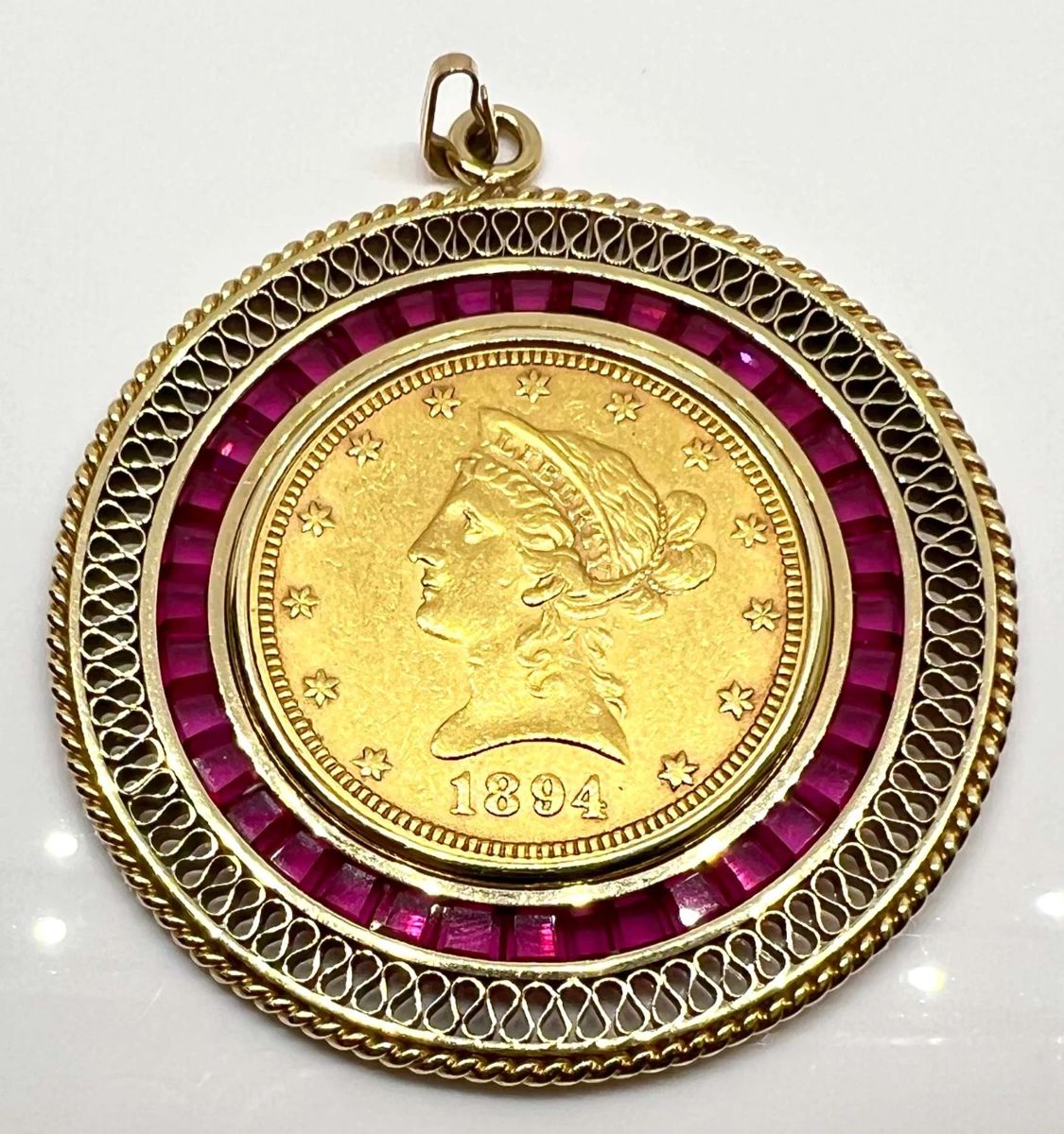 14K Gold Pendant w Rubies 1894 $10 Liberty Head w Appraisal