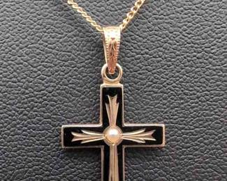 14K Yellow Gold Cross With Seed Pearl At Center And Chain