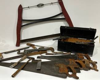 Antique And Vintage Hand Tools With Wood Toolbox