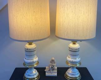 VINTAGE WHITE GLASS TABLE LAMPS WITH GOLD PAINTED SCROLLING 