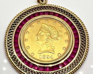 14K Gold Pendant w Rubies 1894 $10 Liberty Head w Appraisal
