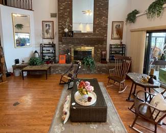 Living room furniture and accessories.  Tile top table on right is not available for sale.  