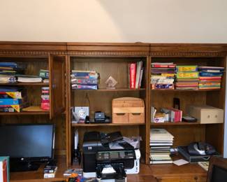 Partners executive desk.  Three book shelves with file drawers, desk