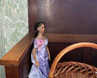 German / French Market baskets,  Antique oak all bench, and collectable dolls