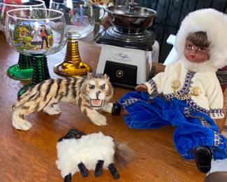 Russian joint arms/ legs doll,  ROEMER wine glasses
