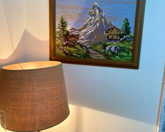 vtg alpine chalet "handarbeit" needlepoint