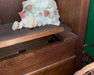 German / French Market baskets,  Antique oak hall hide-away bench, and collectable dolls