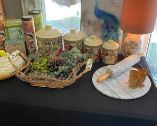 marble cheeseboard, rolling pin and pedestal dish,  canister set