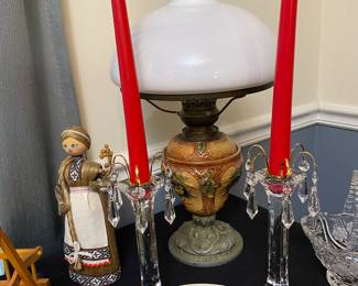 old Majolika antique kerosene lamp,  Czech Bohemian Crystal candle holders