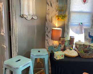 sturdy blue bar stools.  mother of pearl table lamps