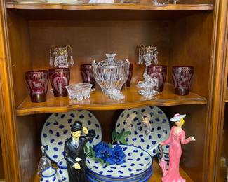 Polish pottery "blueberry design" dinner plates,  Charlie Chaplin figurine