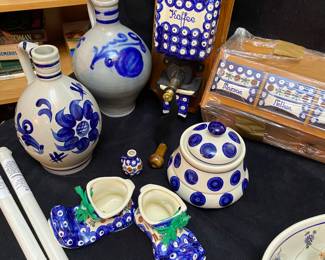 Polish pottery coffee grinder and spice rack shelf, German Salt Glaze pottery, 