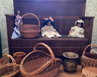 German / French Market baskets,  Antique oak all bench, and collectable dolls