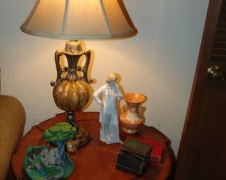 Round table and lamp and Lladro nurse