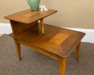 Mid-century solid wood end table with inlaid burled wood 