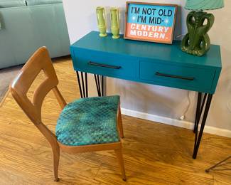 Haywood-Wakefield chair, 2-drawer turquoise desk, pr. of chartreuse vases, sign & vintage green lamp.