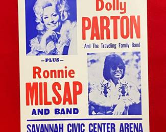 Vintage Parton/Milsap concert poster in red & blue. Savannah, Ga. 1972