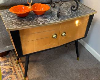 1950s 2-door side table with laminate top & mid-century orange ceramic nut/candy dish