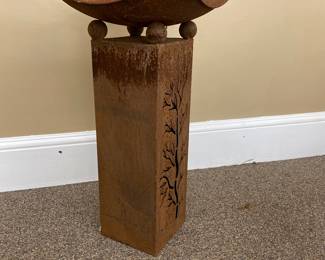 2 piece rusted garden bowl & stand with tree cutout 