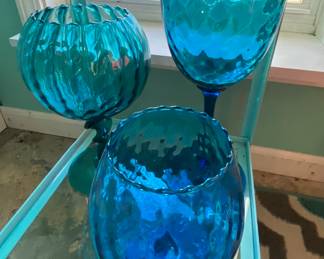 Several pieces of blue Blenko & Empoli glass 