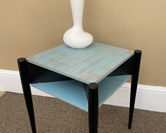 Mid-century turquoise & black end table, asymmetrical vase with pebble finish