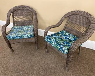 Pr. of plastic wicker patio chairs with cushions, sold separately