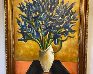 Framed oil painting of irises