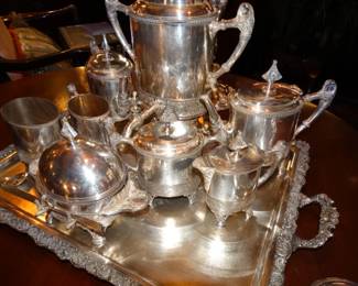 A Gleaming Victorian Silver  Plate 9 Pc Tea & COffee Service & Tray