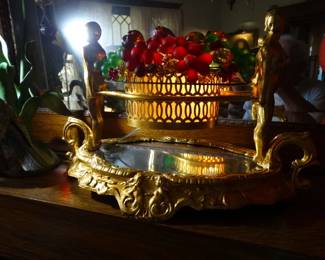 Gilded, Mirrored Plateau w/ Gilt Nudes Carrying a Basket of Czech Glass Fruits Lamp( Sold)