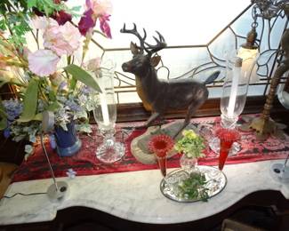 A Bronze by M.. Zamora of Mexico # 2 of 15"Running Buck" (Unusual, Little Epergne has Sold but the Baccarat Crystal Candle Holders w/ Hurricane Chimneys have Not