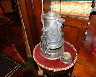 Silver Plate Tilting Water Pitcher in Frame w/ Drip Pan and Goblet (not Shown)
