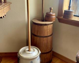 Red Wing Union butter churn, antique churn, and two butter mold presses
