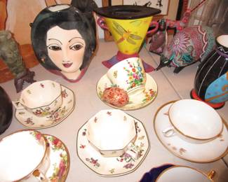 More tea cups, Laurel Burch cat vase