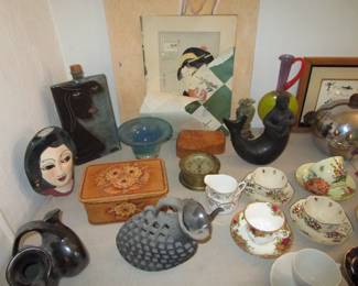 Table of treasures, SW pottery, teacup collection, art and more