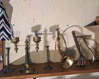 Brass Candles Sticks and Candle Opera. Brass Horn. Antique Hand Rake. Ice or Hay Hook. 