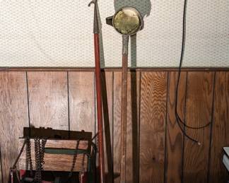 Antique Childs Swing. Coffee Table with Magazine Rack. Antique Window Opening Pole. Baker's Ladle on a Pole.